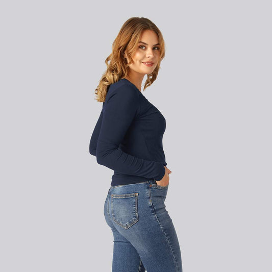 Marinblå långärmad t-shirt i bambu för kvinnor