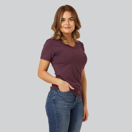 Bambu-t-shirt med V-ringning i vinröd för kvinnor