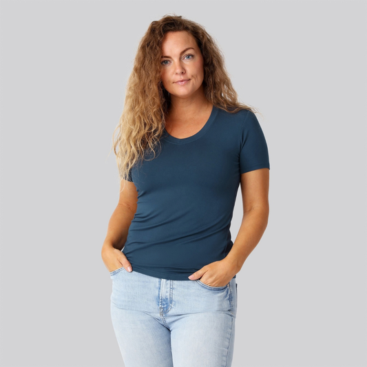 Bambus t-shirt v-hals petroleumsblå damer