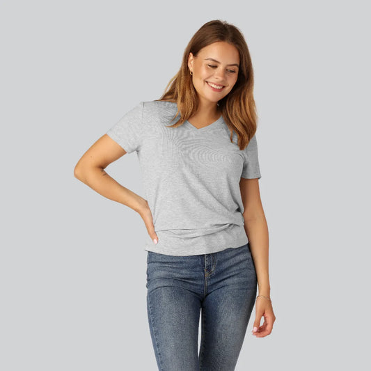 Ljusgrå ribbad bambu-t-shirt med v-ringning för damer