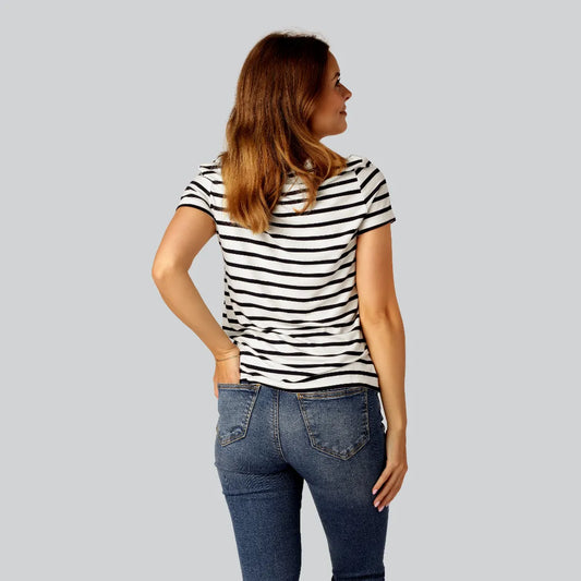 Marinblå/beige randig bambu-t-shirt för kvinnor