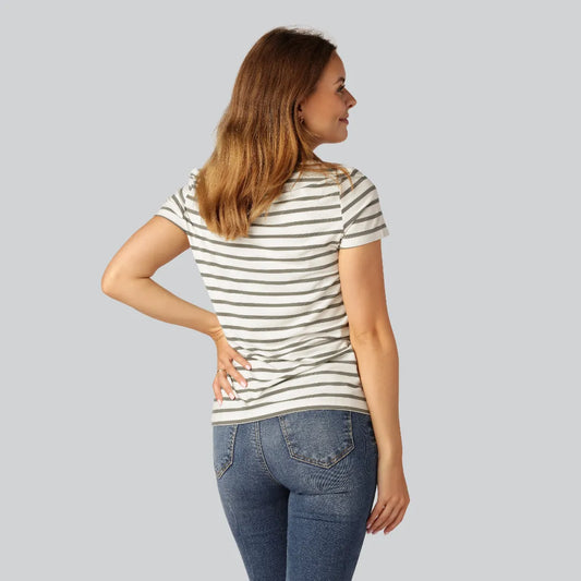 Randig bambu-t-shirt med rund halsringning i olivgrönt/beige för kvinnor