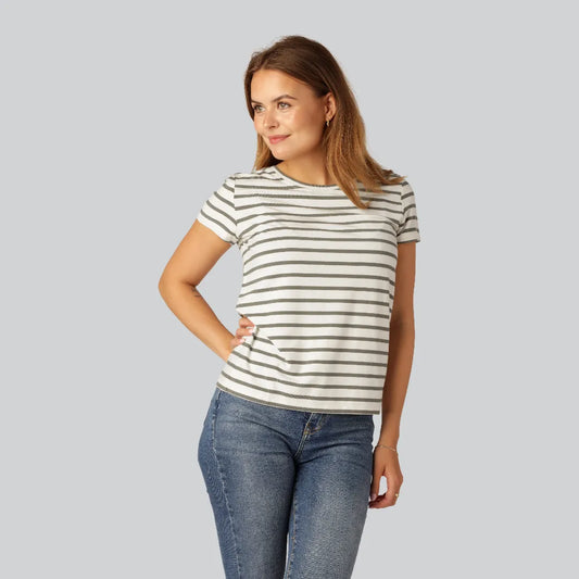 Randig bambu-t-shirt med rund halsringning i olivgrönt/beige för kvinnor