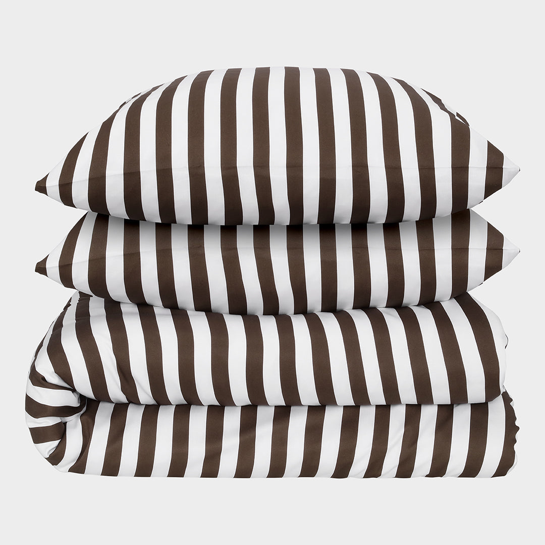 Bambu dubbelsängkläder vit/brun randig bred