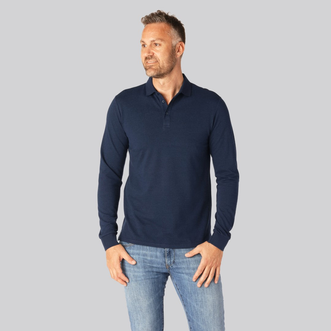 Marinblå herrpolo i bambu med långa ärmar