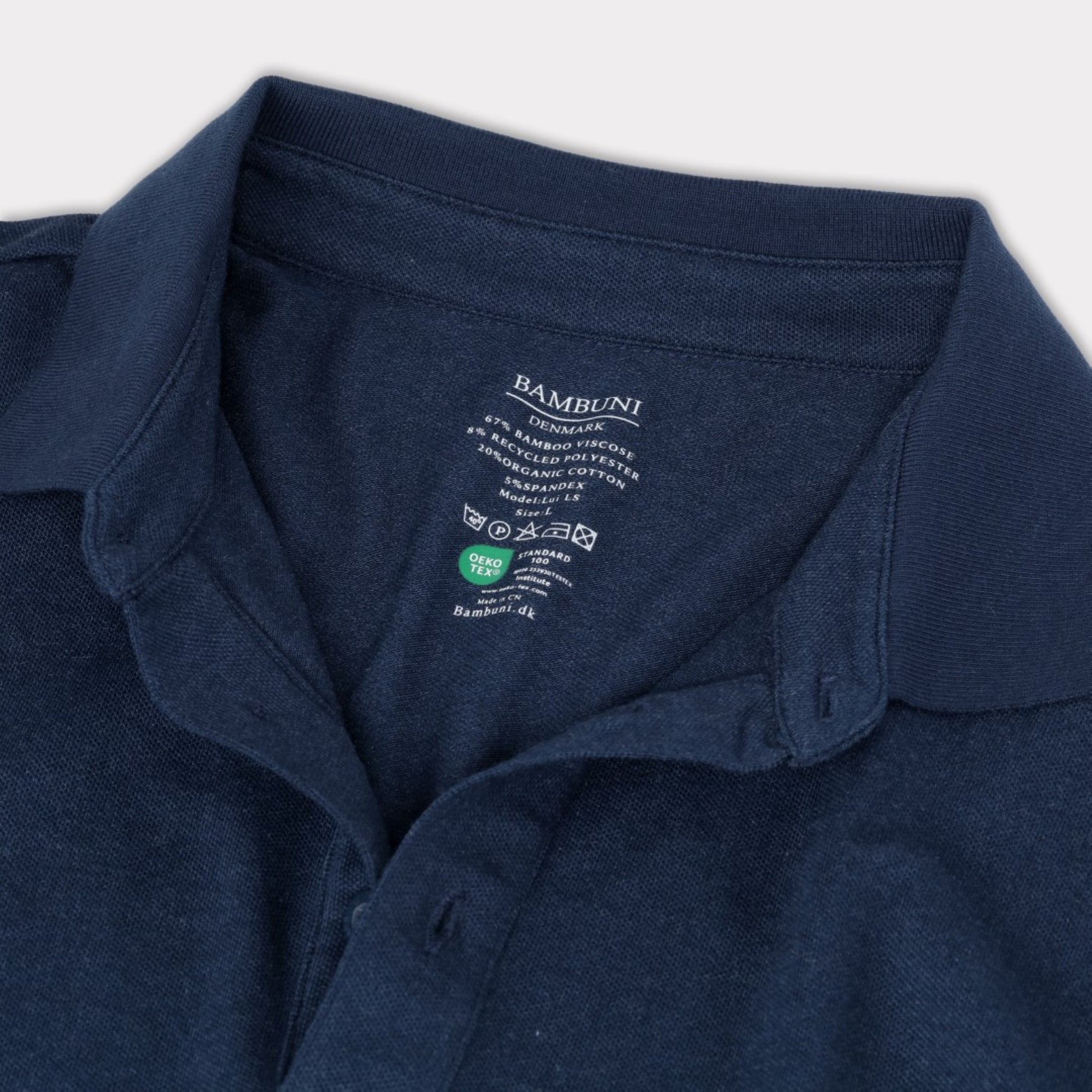 Marinblå herrpolo i bambu med långa ärmar