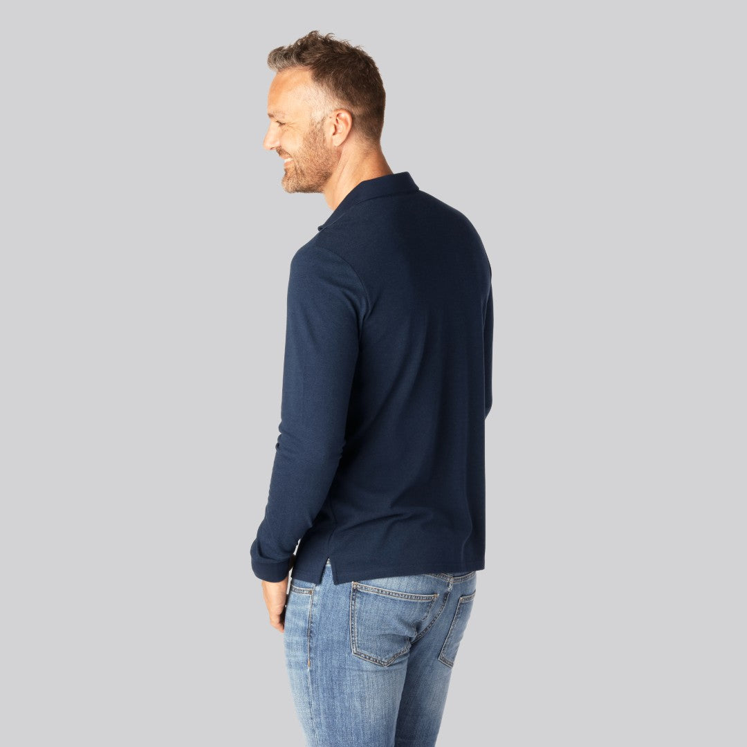 Marinblå herrpolo i bambu med långa ärmar