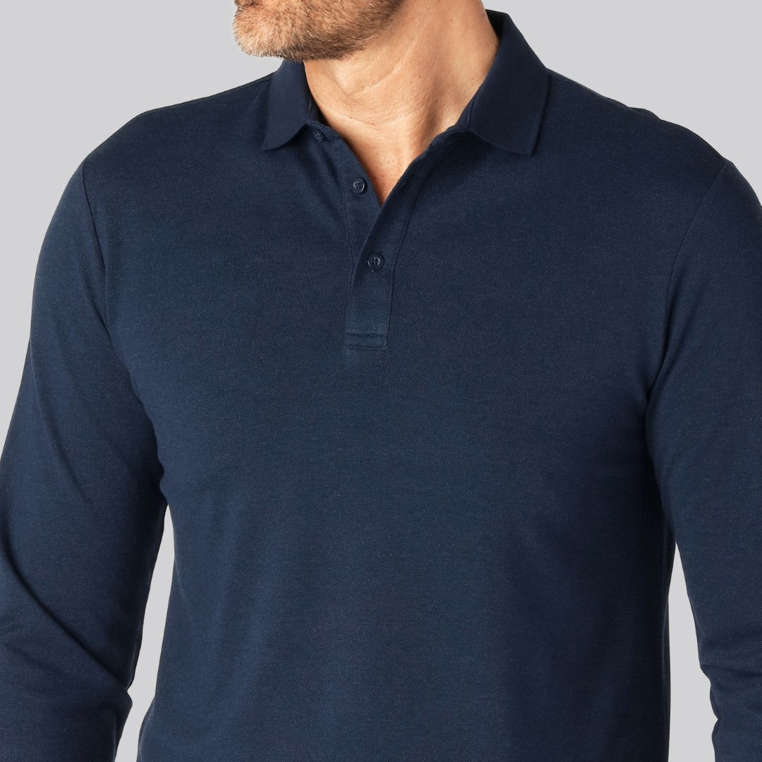 Marinblå herrpolo i bambu med långa ärmar