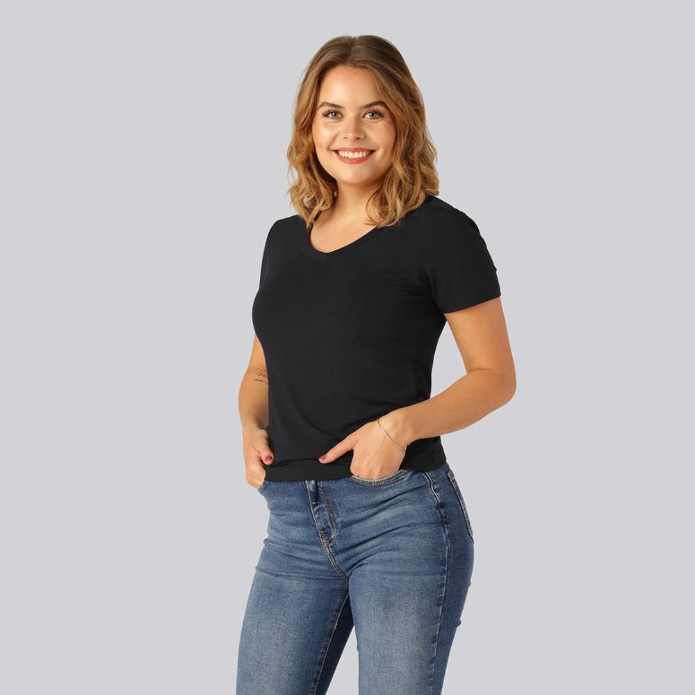 Svart bambu-t-shirt med v-ringning för kvinnor