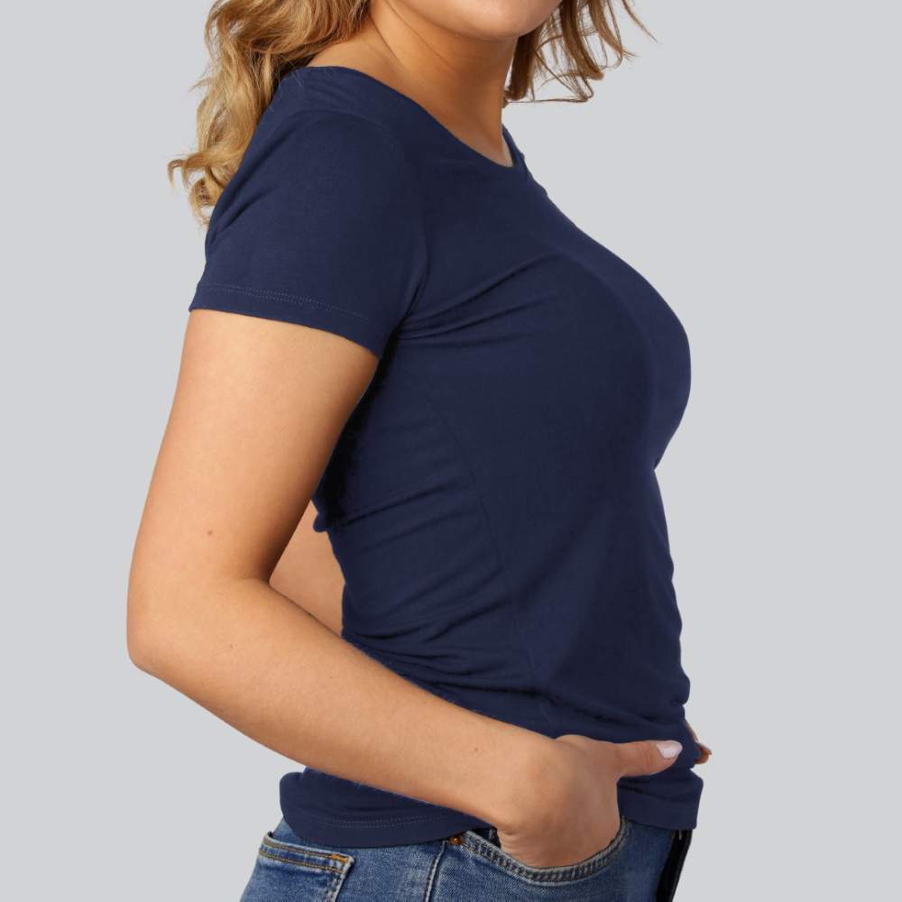 Marinblå bambu-t-shirt med O-ringning för damer