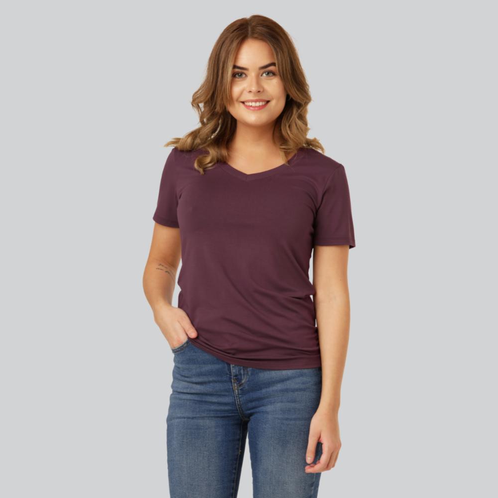 Bambu-t-shirt med V-ringning i vinröd för kvinnor